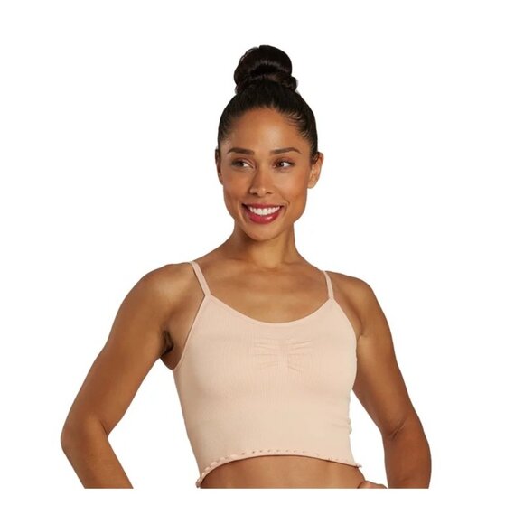 SPIRITUAL GANGSTER Hart Seamless Sports Bra Sz XS/S Nude Pink Ribbed Ruffle Yoga - Picture 3 of 10